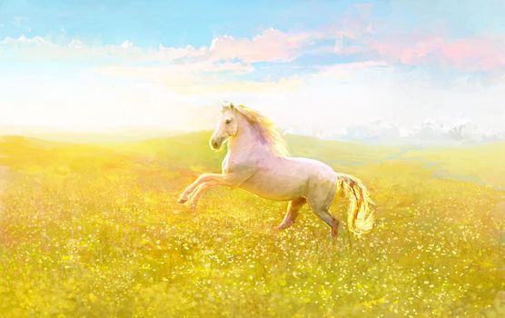 Scenic Illustration of Freedom. Running Horse on green meadow on sunset. 
