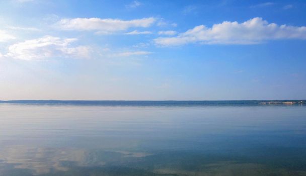 Nature Landscape of Volga, Russian River. Sunny Day under Blue Sky
