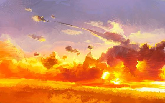 Dramatic colorful sunset in orange color. Scenic Landscape Illustration of Skies and Grass.