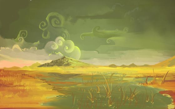 Gloomy swamp in Nature Illustration of Wild Netherlands in cartoon style. Clouded Autumn Evening Above the Marsh.