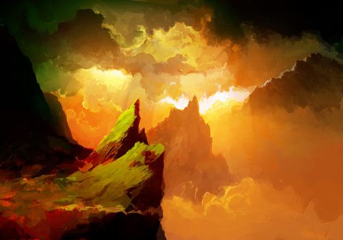 Canyon of Zion National Park, Scenic Nature Landscape Illustration of dramatic sunset in the dark.