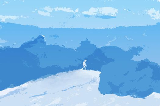 Tourist on peak of Alps Mountains. Success climbing to Top of Rock. Winter Illustration of challenge in interest style.