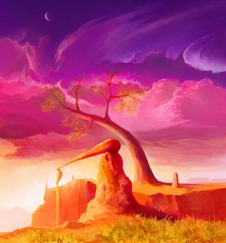 Scenic Fairytale Landscape with stones from Grand Canyon in Pink magical atmosphere. Illustration of Rocks and Tree in Magic World.