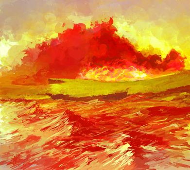 Landscape Illustration of Pain with Evening Sea Waves and Dramatic Blood Clouds