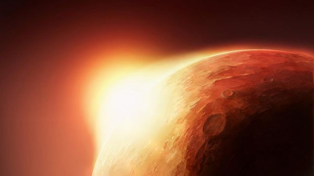 Solar System - Red Planet Mars with Sun on Horizont. Art Scenic Illustration of Mars from Cosmos Orbit.