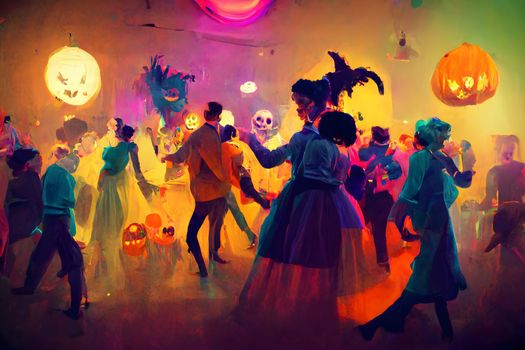 colorful halloween indoor party, neural network generated art. Digitally generated image. Not based on any actual scene or pattern.