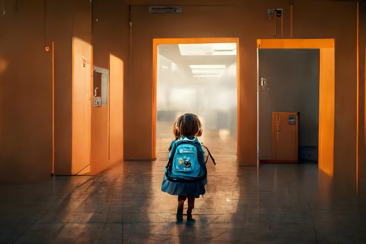 Back facing little girl with backpack standing alone in school building at sunny day, neural network generated art. Digitally generated image. Not based on any actual scene or pattern.