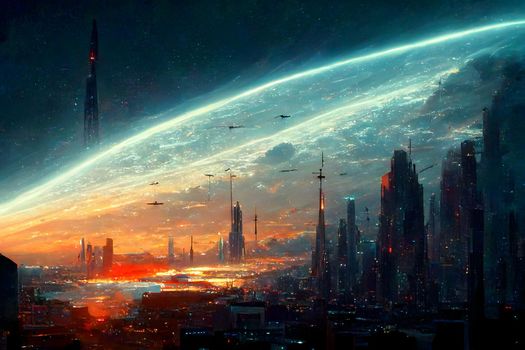 dreamy futuristic city in space with colorful clouds and high rise spire-like skyscrapers, neural network generated painting art. Digitally generated image. Not based on any actual scene or pattern.