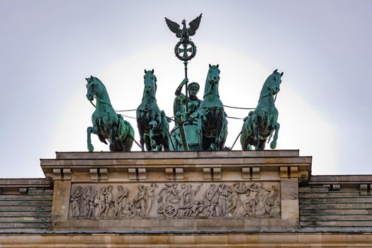 The Quadriga statue on top of the Brandenburg Gate in the German capital Berlin