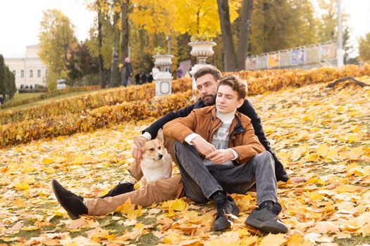 Father and son with a pet on a walk in the autumn park.