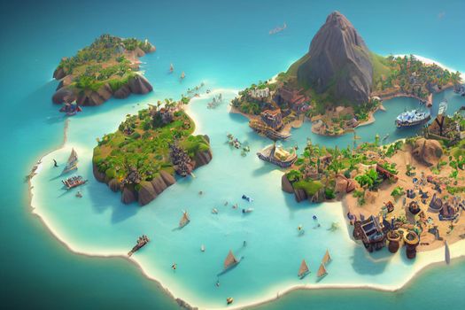 3D Render of Caribbean pirate archipelago in isometric perspective. Thriving pirate city port in the style of civilization.