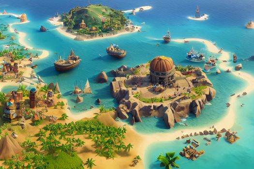 3D Render of Caribbean pirate archipelago in isometric perspective. Thriving pirate city port in the style of civilization.