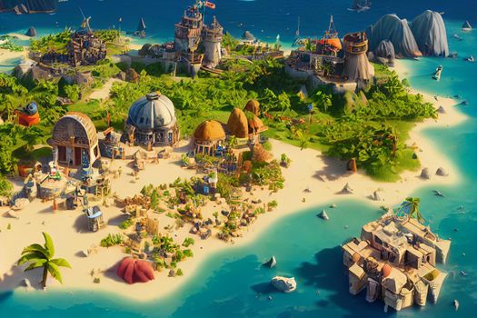 3D Render of Caribbean pirate archipelago in isometric perspective. Thriving pirate city port in the style of civilization.