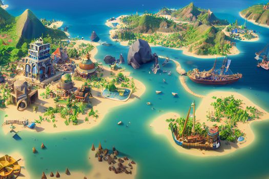 3D Render of Caribbean pirate archipelago in isometric perspective. Thriving pirate city port in the style of civilization.