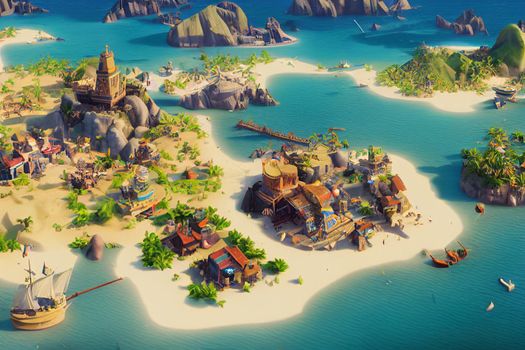 3D Render of Caribbean pirate archipelago in isometric perspective. Thriving pirate city port in the style of civilization.