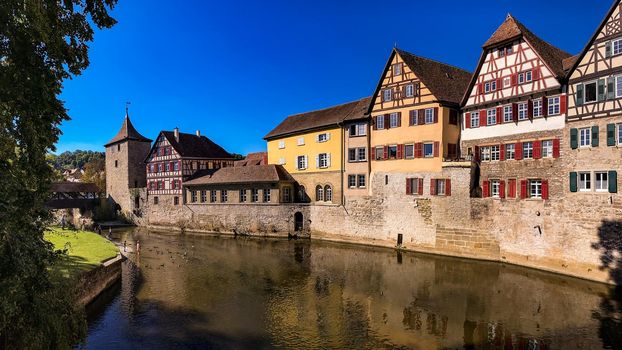 The historic old town of Schwaebisch Hall is located an the Kocher river and attracts a large number of visitors