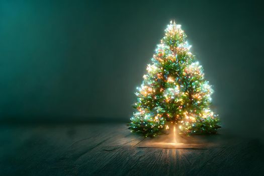 christmas tree on gray backgound with copy space, neural network generated art. Digitally generated image. Not based on any actual scene or pattern.