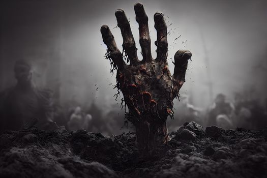 zombie hand rising up from grave in misty night graveyard, famous halloween horror concept, neural network generated art. Digitally generated image. Not based on any actual scene or pattern.