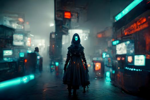 cyberpunk witches hideout in foggy hacker place, neural network generated art. Digitally generated image. Not based on any actual scene or pattern.