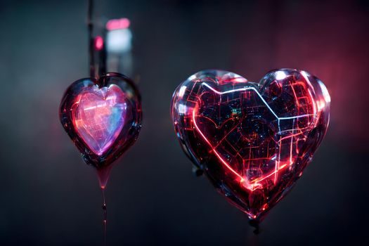 cyberpunk neon shiny and glowing hearts on gray background, neural network generated art for valentines day. Digitally generated painting-like image. Not based on any actual scene or pattern.