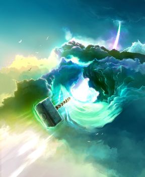 Thor&#39;s Hammer flying through the Rainbow Bridge. Colorful Scenic Landscape Illustration with Clouds.