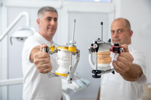 Two male dentists holding dental articulators in a dental clinic