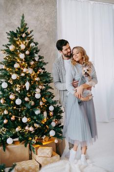 A happy couple in love - a man and a woman. A family in a bright New Year's interior with a Christmas tree.