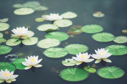 3D illustration white lotus flower pad in pond isolated on blur background. Loy krathong concept background.