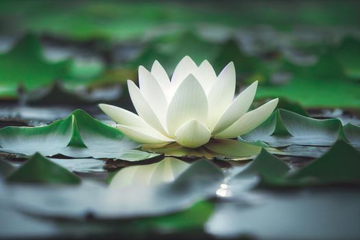 3D illustration white lotus flower pad in pond isolated on blur background. Loy krathong concept background.