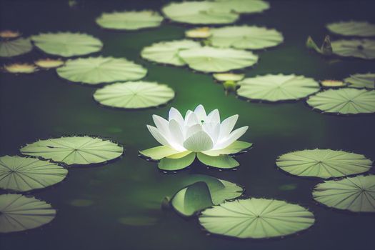 3D illustration white lotus flower pad in pond isolated on blur background. Loy krathong concept background.