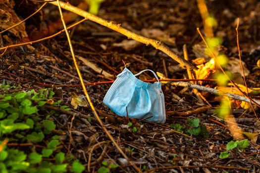 A respirator is thrown away in the forest and pollutes the environment