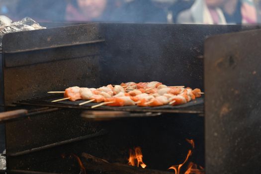 Grilled scallops barbecue on skewers