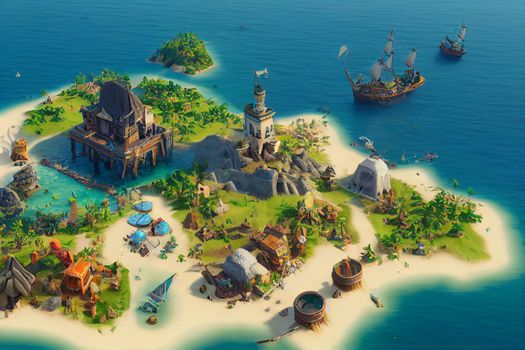 3D Render of Caribbean pirate archipelago in isometric perspective. Thriving pirate city port in the style of civilization.