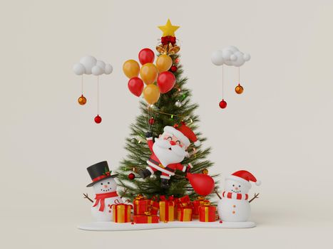 Christmas 3d illustration of Santa Claus and snowman with Christmas tree and gift box