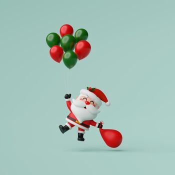 Santa Claus holding balloon and Christmas bag in hand, Merry Christmas, 3d render
