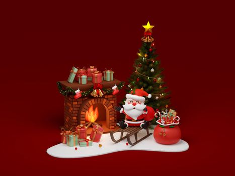 Santa Claus on sleigh in front of fireplace decorated by Christmas tree and gift box
