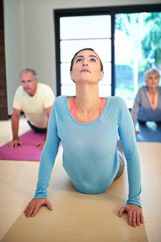 The healthier you are, the better you feel. a yoga instructor guiding a senior couple in a yoga class