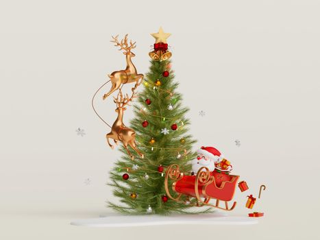 3d illustration of Santa Claus riding on sleigh around Christmas tree