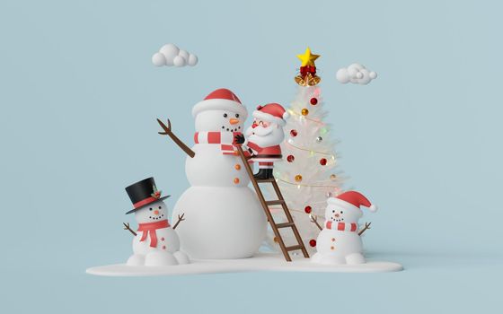 Santa Claus modeling snowman near Christmas tree, 3d illustration