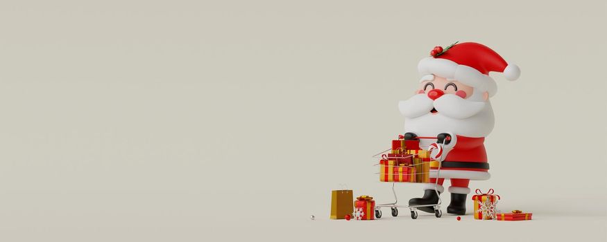 Santa Claus pushing shopping cart with Christmas gift box, 3d illustration