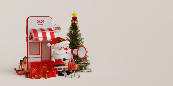 Christmas shopping online on mobile concept, Santa Claus pushing a shopping cart with gift box in front of mobile shop, 3d illustration