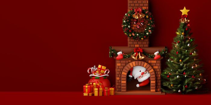 Santa Claus in fireplace in room decorated by Christmas tree and gift box, 3d illustration