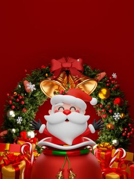 3d illustration Christmas banner of Santa Claus with Christmas wreath and gift box
