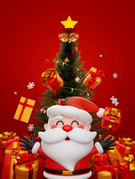3d illustration Christmas banner of Santa Claus with Christmas tree and gift box