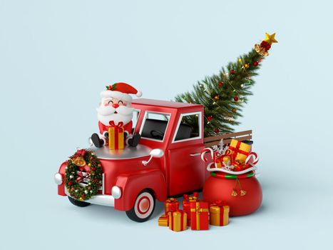 Santa Claus sit on Christmas truck carrying Christmas tree, 3d illustration