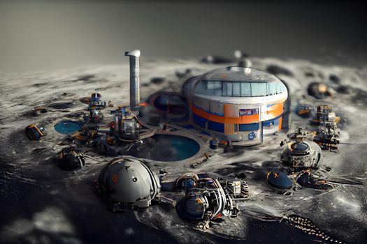 future moon base structures, neural network generated art. Digitally generated image. Not based on any actual scene or pattern.