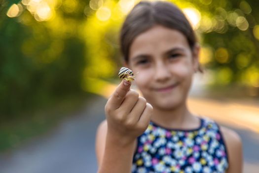 A child is studying a snail in the park. Selective focus. Nature.