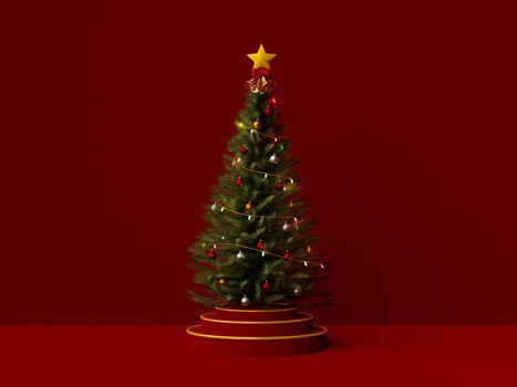 Christmas tree on podium on red background, 3d illustration