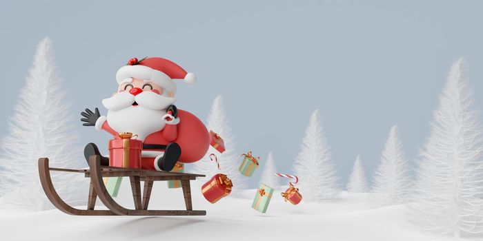Santa Claus on sleigh with Christmas gift in pine forest, Merry Christmas, 3d illustration