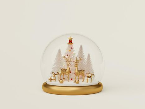 3d illustration of Reindeer with Christmas tree and gift box in snow globe